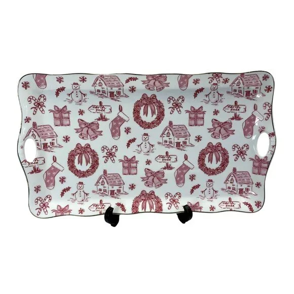 Christmas Toile Pattern Serving Tray Vintage Retro Ceramic Platter with Handles - Picture 1 of 7